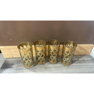 Vintage 4 Culver Valencia 22kt. Gold Green Highball Glasses